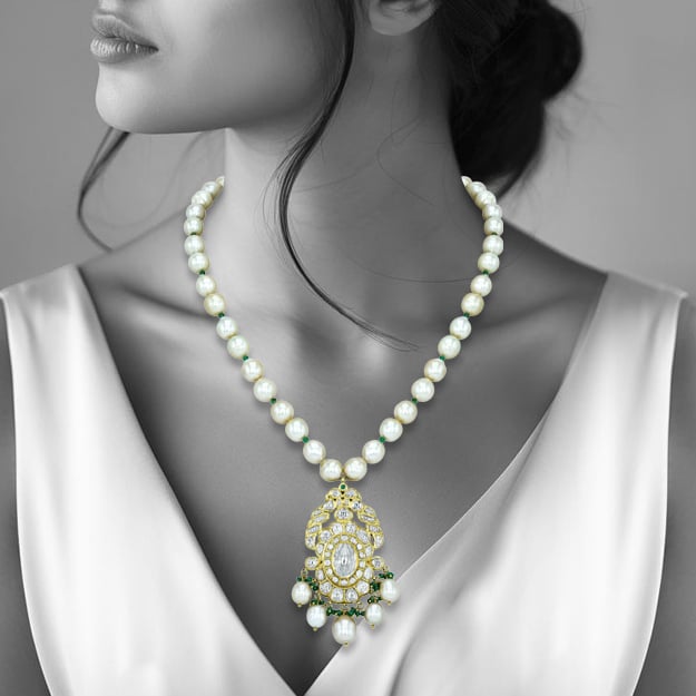 Pearl Strand Necklace with Polki Pendant and Emerald Beads
